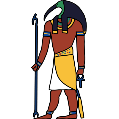 a drawing of the Egyptian god Thoth, drawn with a green Ibis head, facing to the right and holding a staff and an ankh, based on a drawing by Jeff Dahl after New Kingom tomb paintings.